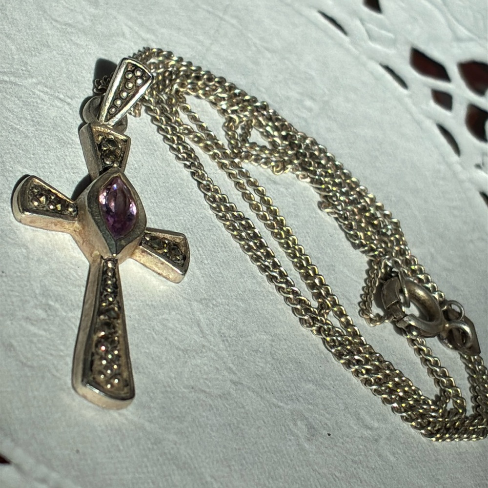 Vintage 925 and Amethyst Cross Pendant Necklace